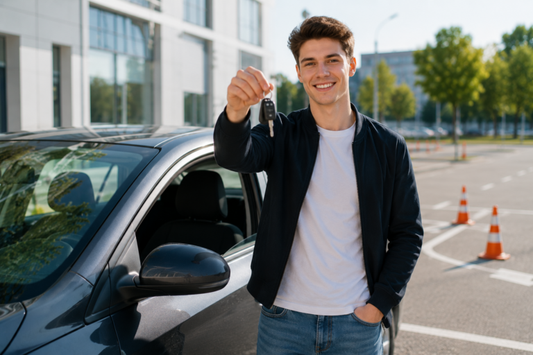Pirmosios pagalbos pažymėjimas vairuotojams – jaunas vairuotojas prie automobilio