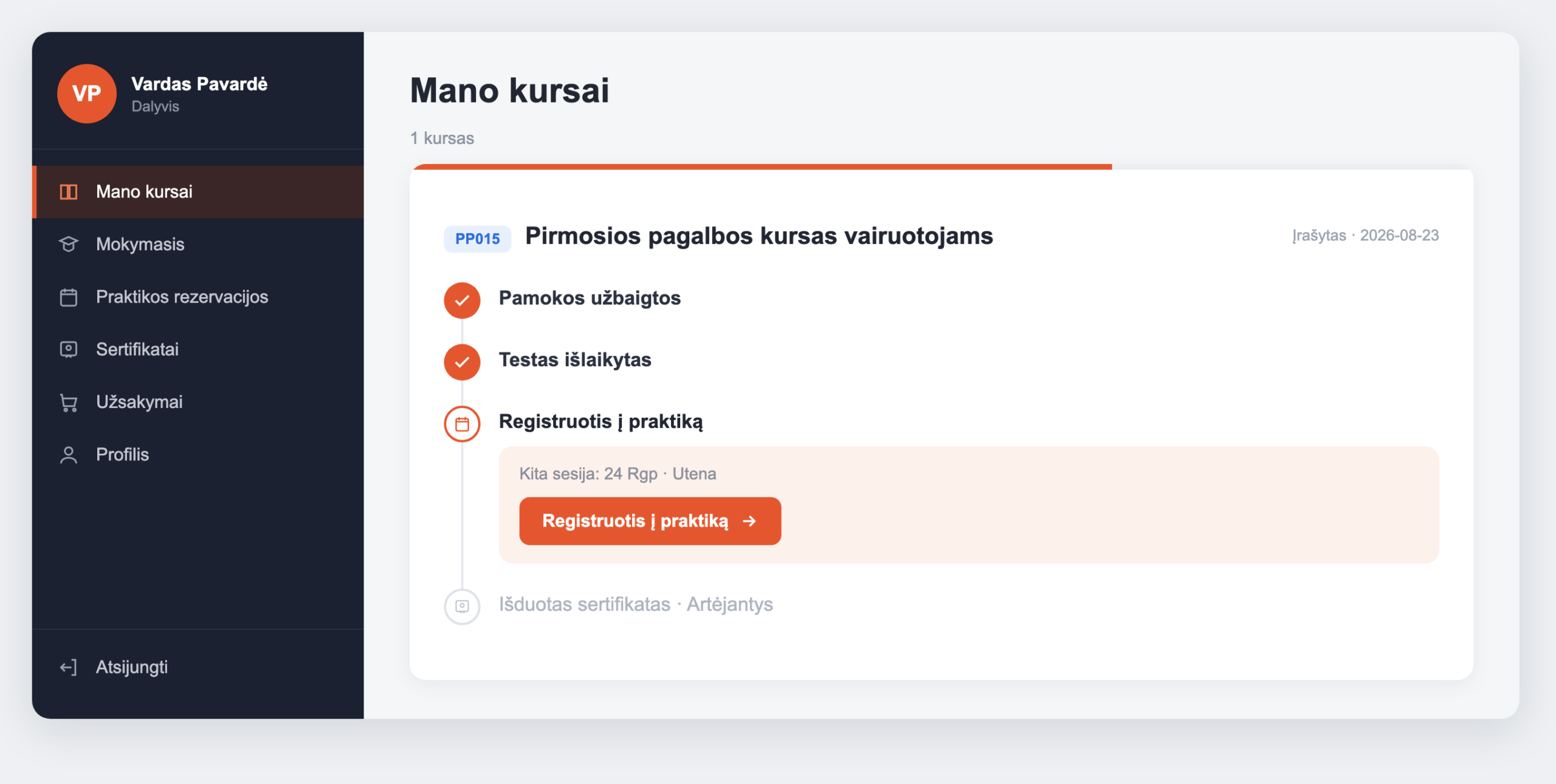 Kur paskyroje spausti Registruotis į praktiką